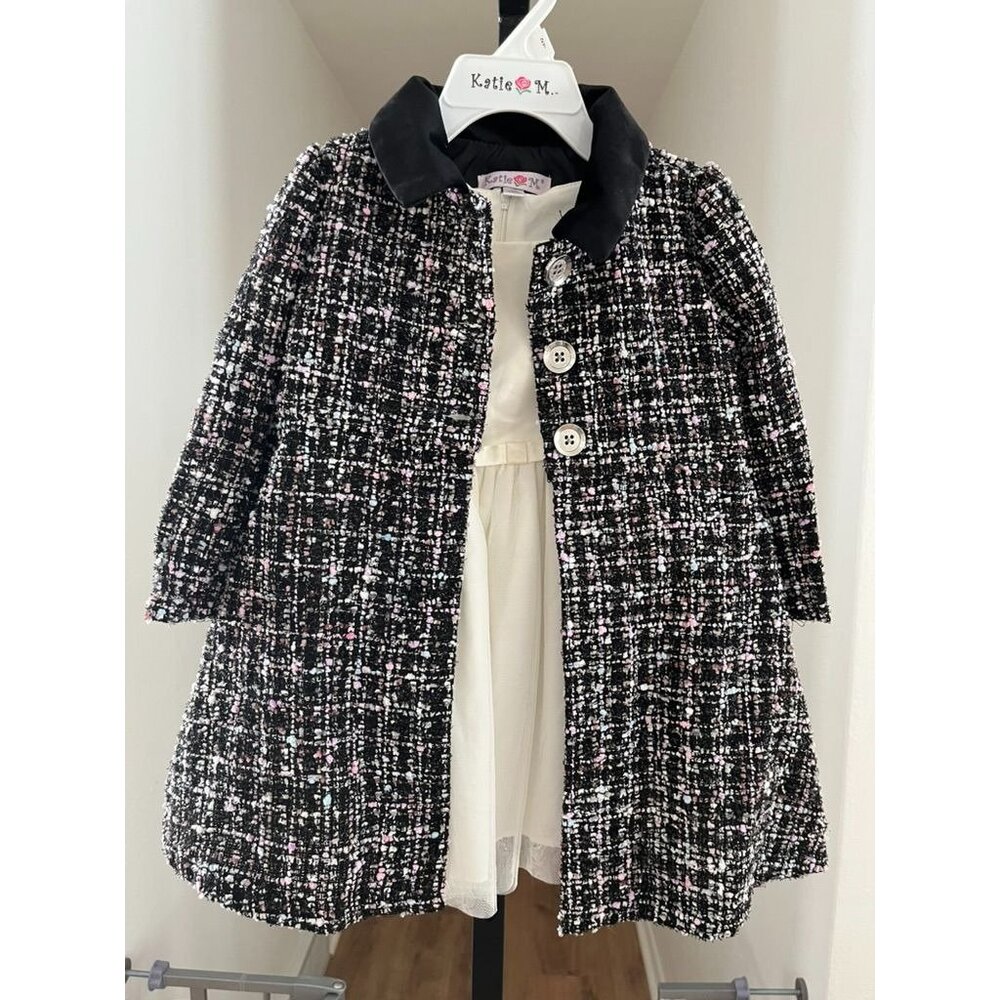 NWOT Ivory Sleeveless Toddler Dress With Bow & Tweed Coat Set 2T